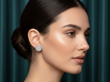 Round Cluster Pave Stud Earrings, Big Diamond Studs Look, Sterling Silver Jewelry