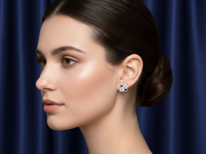 Square Cluster Stud Earrings, Geometric Studs Bling, Sterling Silver