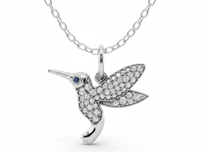 Hummingbird pendant, Tiny bird charm, Diamond nature jewelry, Sterling silver animal necklace, Pave cubic zirconia bird, Blue gemstone accent, Symbol of joy and hope charm, Flying bird pendant, Women's delicate silver jewelry,sterlish jewel