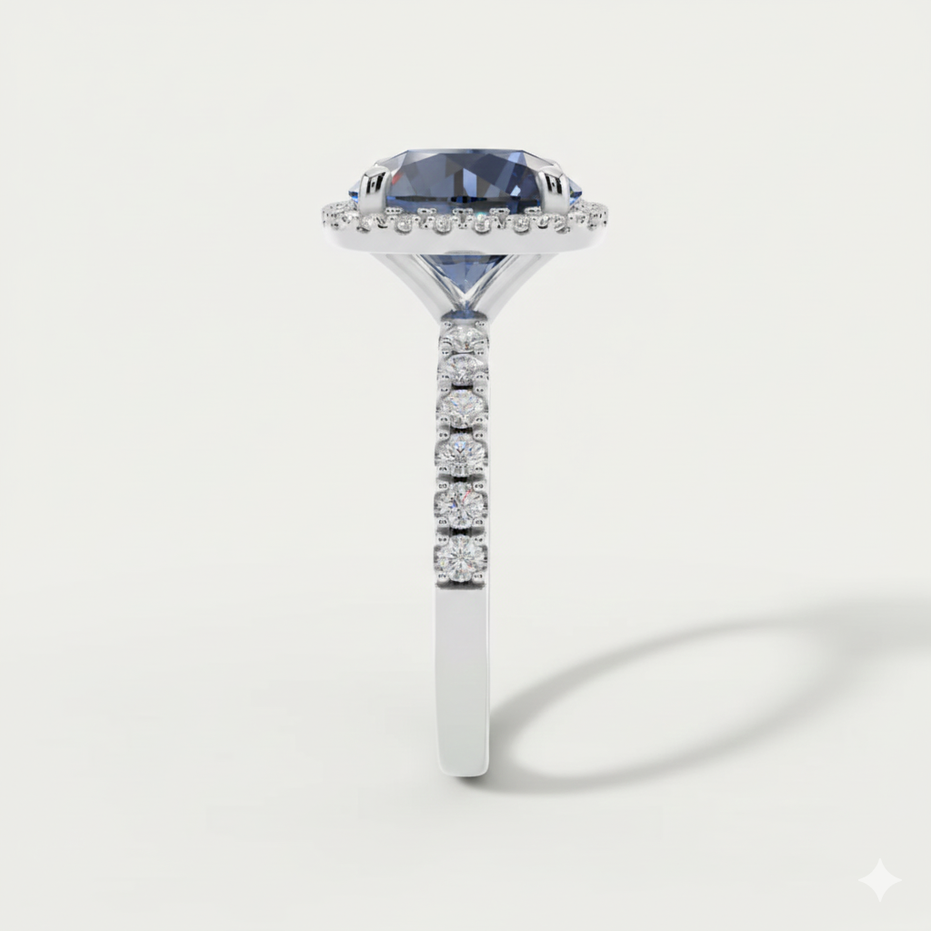 Deep Blue, Sapphire, Gemstone, Halo, Ring, Pave Band, Sterlish Jewel