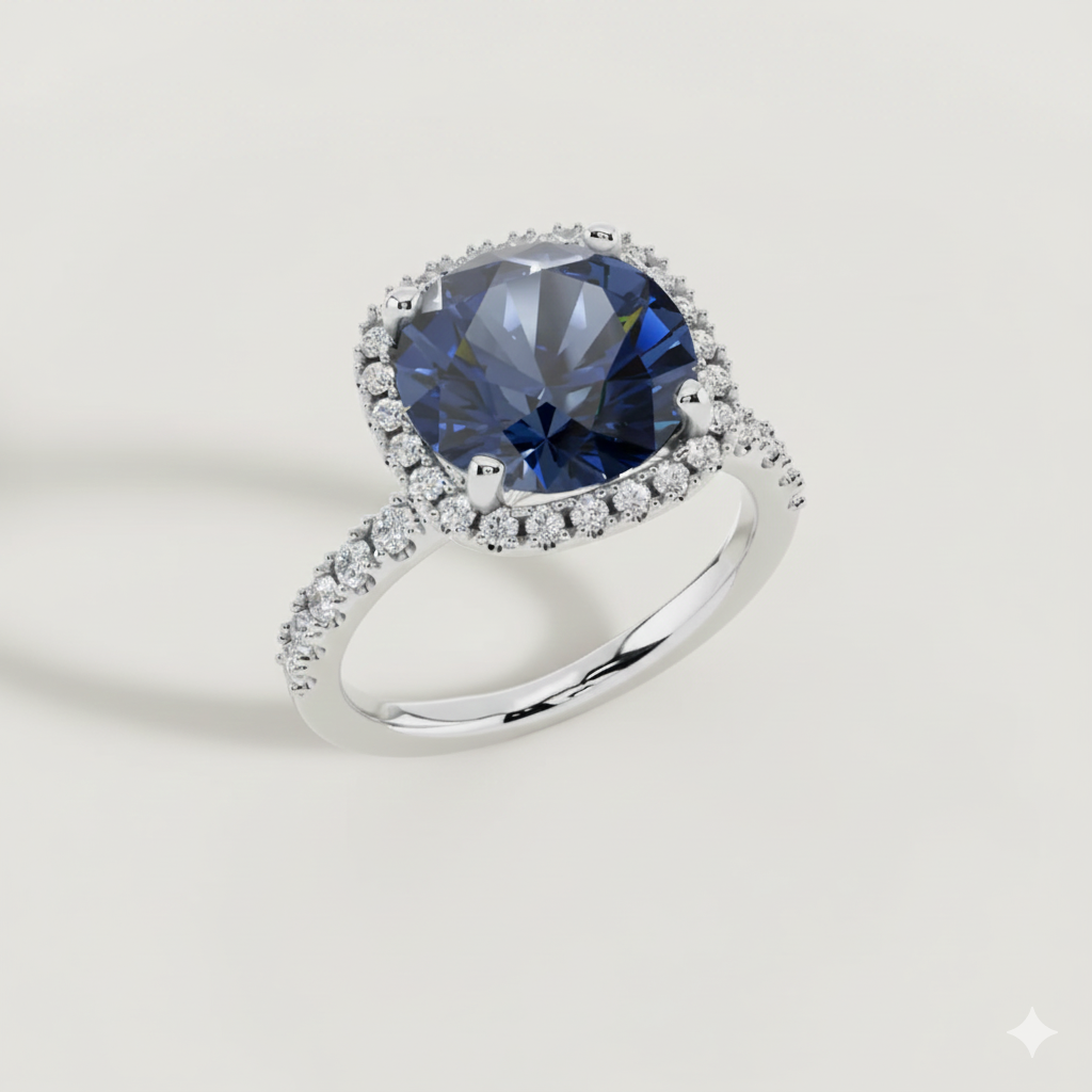 Deep Blue, Sapphire, Gemstone, Halo, Ring, Pave Band, Sterlish Jewel