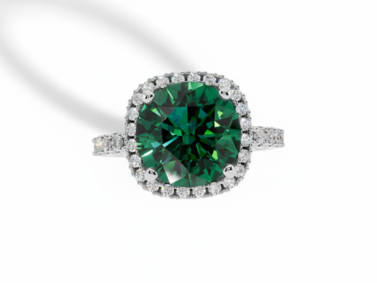 Emerald Green, Gemstone, Halo, Ring, Pave Band, Sterlish Jewel,Cushion Cut, Green Stone, Cocktail Ring, White Gold, Halo,Women's, Luxurious, Emerald Green, Anniversary Ring