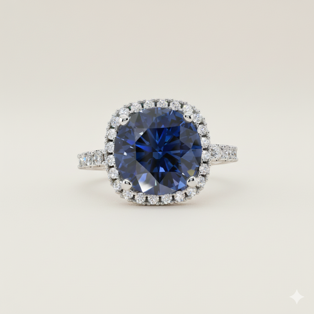 Deep Blue, Sapphire, Gemstone, Halo, Ring, Pave Band, Sterlish Jewel