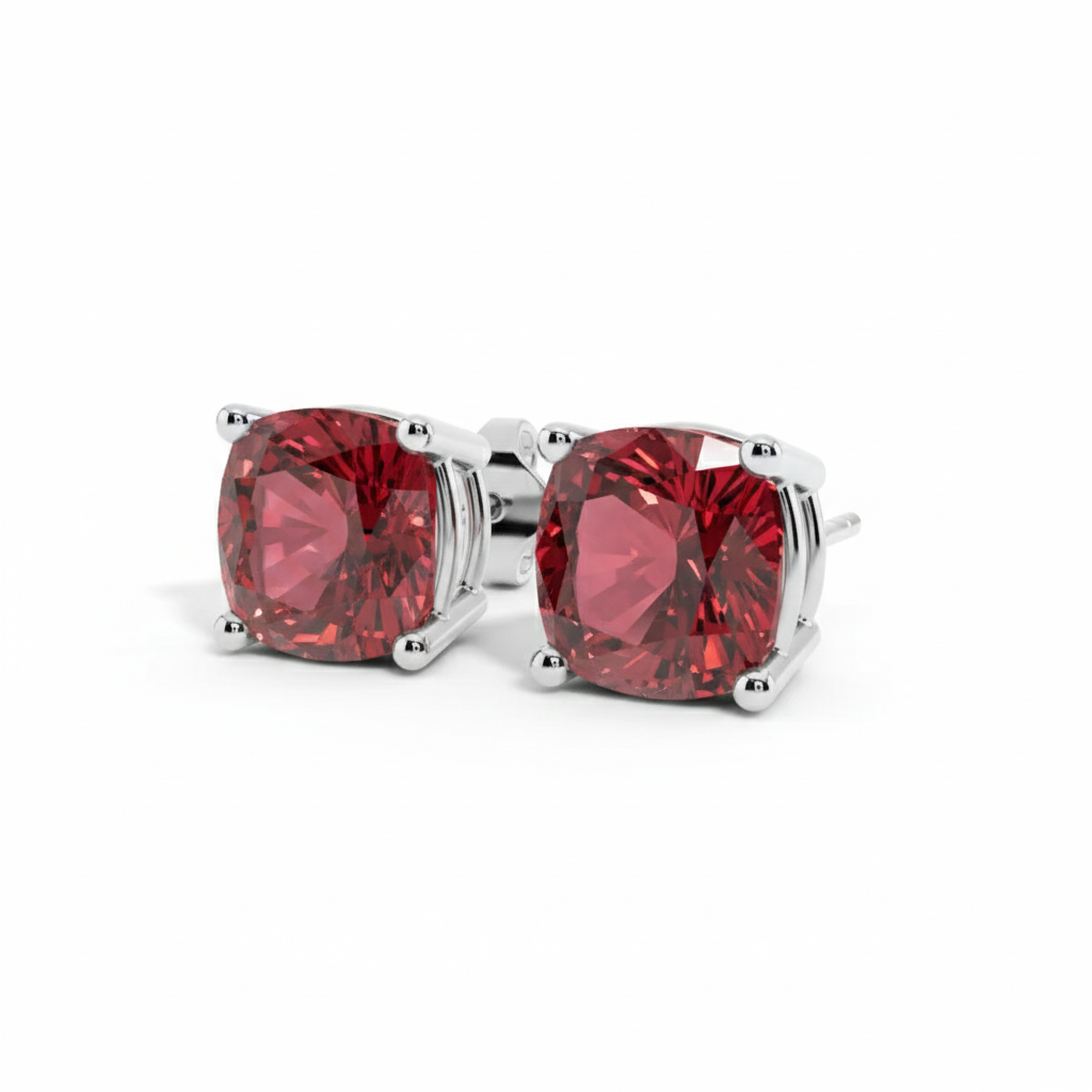red cushion cut stud earrings sterling silver,women's sterling silver red simulated ruby studs,Red stud earrings,Sterling silver red studs,sterlish jewel