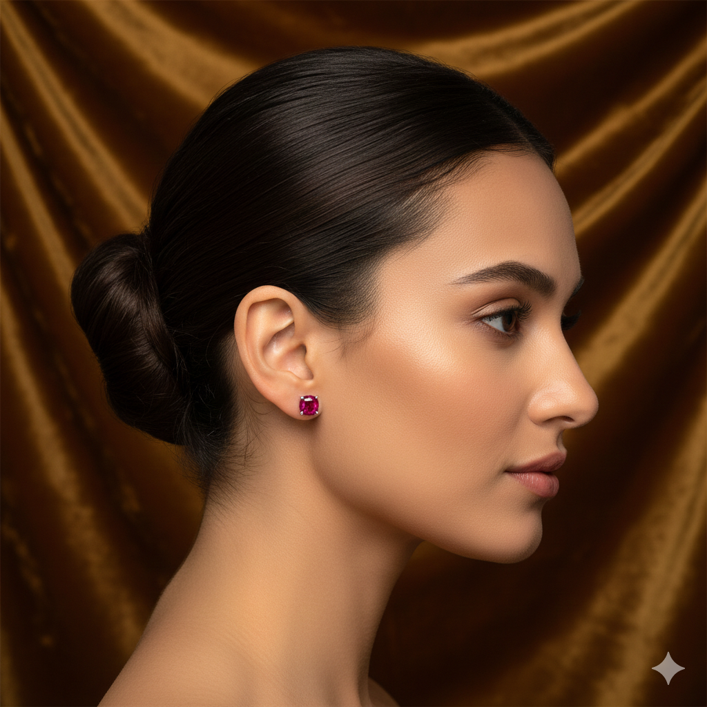 red cushion cut stud earrings sterling silver,women's sterling silver red simulated ruby studs,Red stud earrings,Sterling silver red studs,sterlish jewel