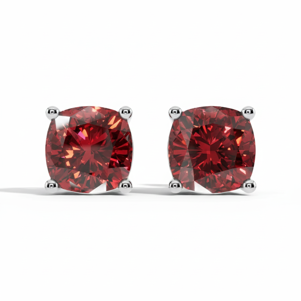 red cushion cut stud earrings sterling silver,women's sterling silver red simulated ruby studs,Red stud earrings,Sterling silver red studs,sterlish jewel