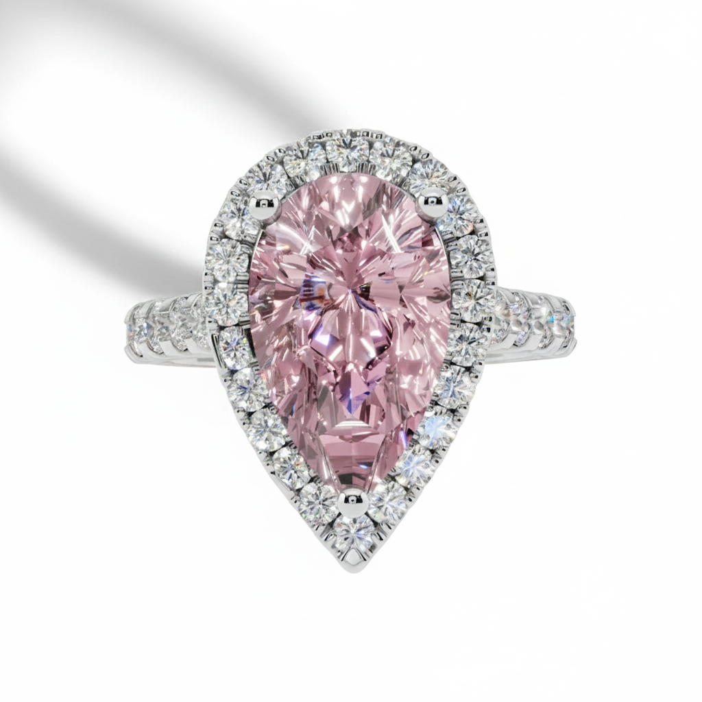 Pear Cut, Pink Diamond, Halo, Engagement Ring, Pave Band
