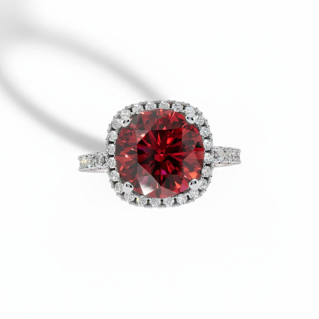 Red Gemstone, Halo, Engagement Ring, Pave Band, Sterlish Jewel,Cushion Cut, Ruby, Gemstone Ring, White Gold, Halo Setting,Women's, Luxurious, Red Stone, Cocktail Ring, Pave Accents