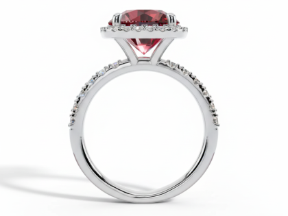 Red Gemstone, Halo, Engagement Ring, Pave Band, Sterlish Jewel,Cushion Cut, Ruby, Gemstone Ring, White Gold, Halo Setting,Women's, Luxurious, Red Stone, Cocktail Ring, Pave Accents