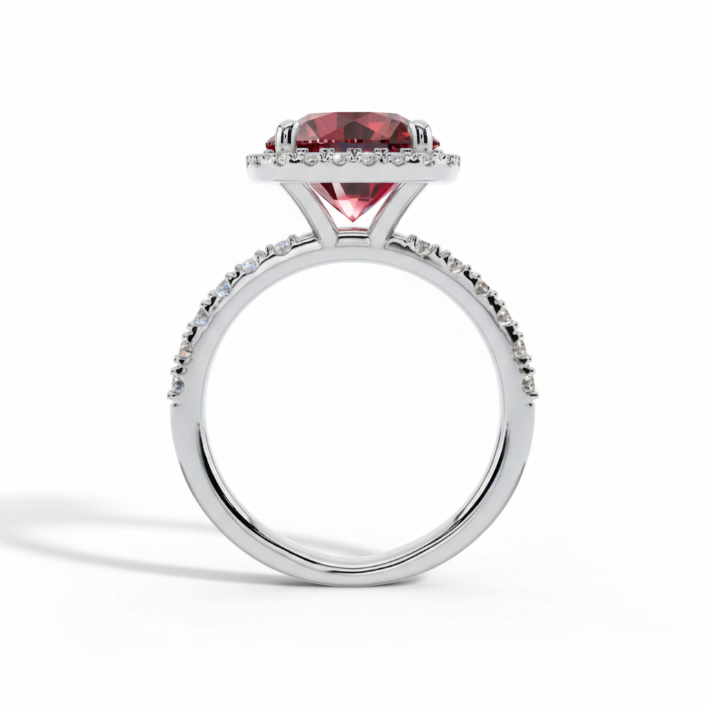 Red Gemstone, Halo, Engagement Ring, Pave Band, Sterlish Jewel,Cushion Cut, Ruby, Gemstone Ring, White Gold, Halo Setting,Women's, Luxurious, Red Stone, Cocktail Ring, Pave Accents