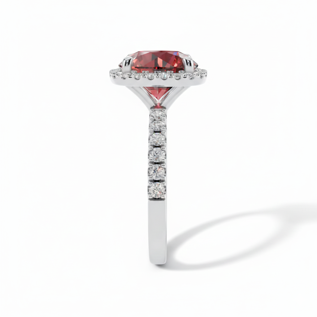 Red Gemstone, Halo, Engagement Ring, Pave Band, Sterlish Jewel,Cushion Cut, Ruby, Gemstone Ring, White Gold, Halo Setting,Women's, Luxurious, Red Stone, Cocktail Ring, Pave Accents
