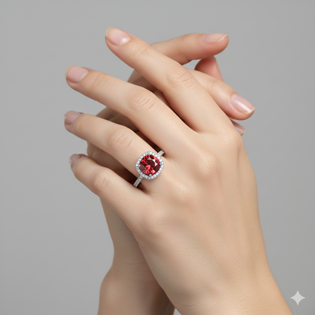 Red Gemstone, Halo, Engagement Ring, Pave Band, Sterlish Jewel,Cushion Cut, Ruby, Gemstone Ring, White Gold, Halo Setting,Women's, Luxurious, Red Stone, Cocktail Ring, Pave Accents