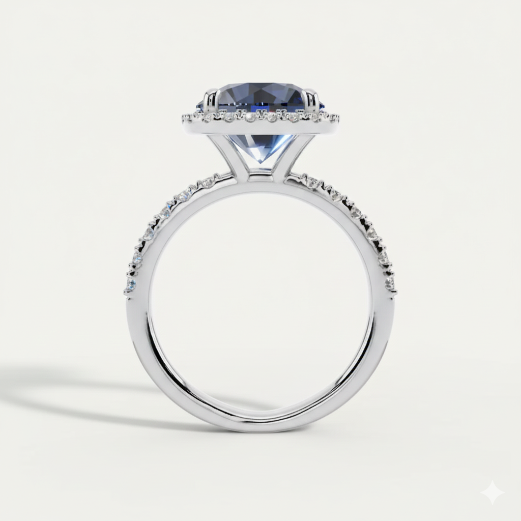 Deep Blue, Sapphire, Gemstone, Halo, Ring, Pave Band, Sterlish Jewel