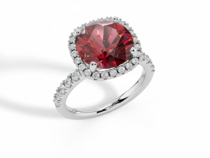 Red Gemstone, Halo, Engagement Ring, Pave Band, Sterlish Jewel,Cushion Cut, Ruby, Gemstone Ring, White Gold, Halo Setting,Women's, Luxurious, Red Stone, Cocktail Ring, Pave Accents