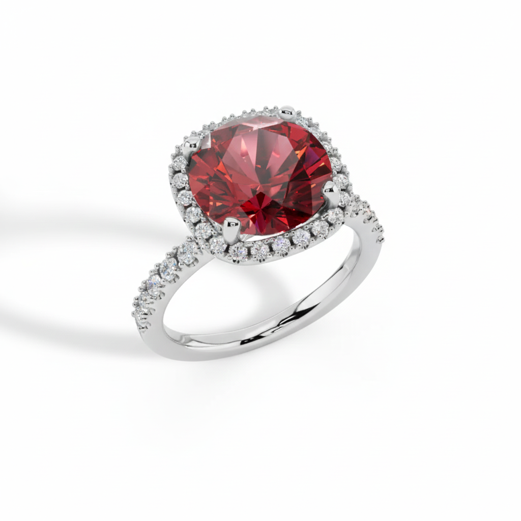 Red Gemstone, Halo, Engagement Ring, Pave Band, Sterlish Jewel,Cushion Cut, Ruby, Gemstone Ring, White Gold, Halo Setting,Women's, Luxurious, Red Stone, Cocktail Ring, Pave Accents