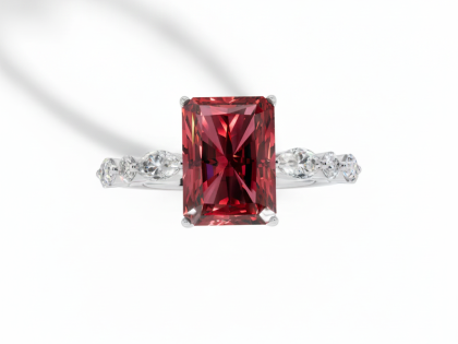 Radiant Cut, Red Gemstone, Marquise, Diamond Accents,Sterling Silver, Rectangular Cut, Ruby Look, Solitaire Ring