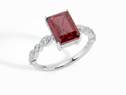 Radiant Cut, Red Gemstone, Marquise, Diamond Accents,Sterling Silver, Rectangular Cut, Ruby Look, Solitaire Ring