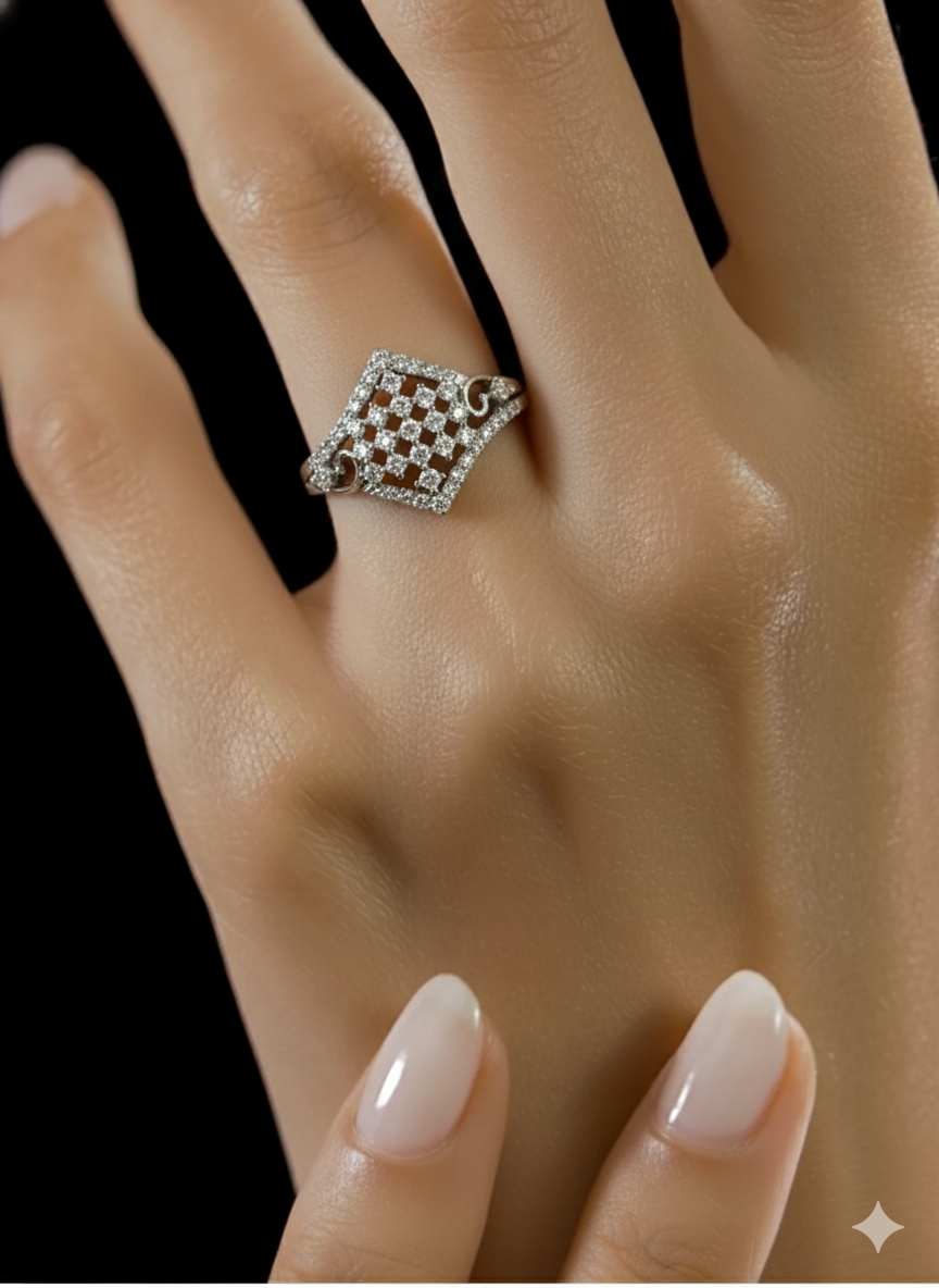 vintage style cluster ring, art deco jewelry women, filigree band diamond ring, antique look fashion ring, cocktail ring diamond shape, women's pavé statement ring, intricate silver ring, scrollwork ring design, unique rhombus ring, buy vintage inspired rings