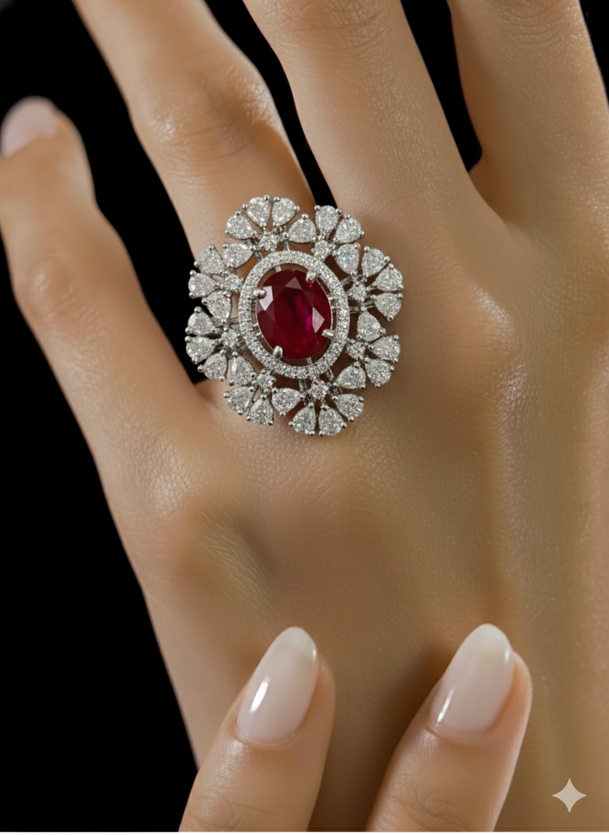 ruby statement ring, oval ruby and diamond ring, pear cut cluster jewelry, red stone cocktail ring, luxury floral ring, large gemstone ring, dramatic cluster ring, vintage style ruby ring, high-end fashion jewelry, bespoke ruby design