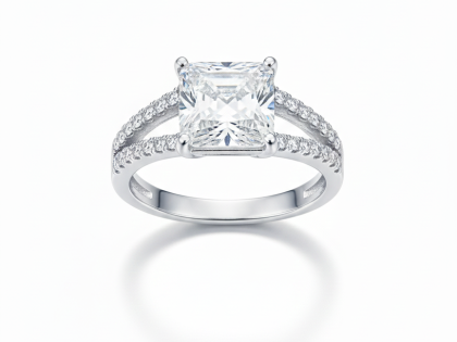 princess cut engagement ring, split shank diamond ring, square cut solitaire, pavé band ring, women's cubic zirconia ring, white gold plated ring, affordable bridal jewelry, modern princess cut ring, split row pavé setting, elegant statement ring