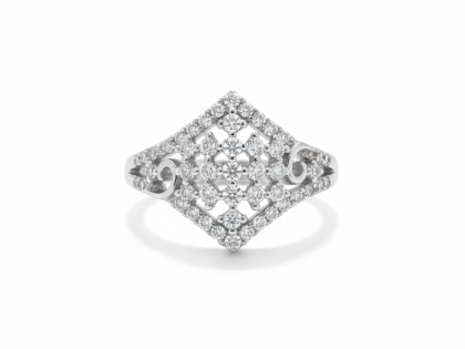 vintage style cluster ring, art deco jewelry women, filigree band diamond ring, antique look fashion ring, cocktail ring diamond shape, women's pavé statement ring, intricate silver ring, scrollwork ring design, unique rhombus ring, buy vintage inspired rings