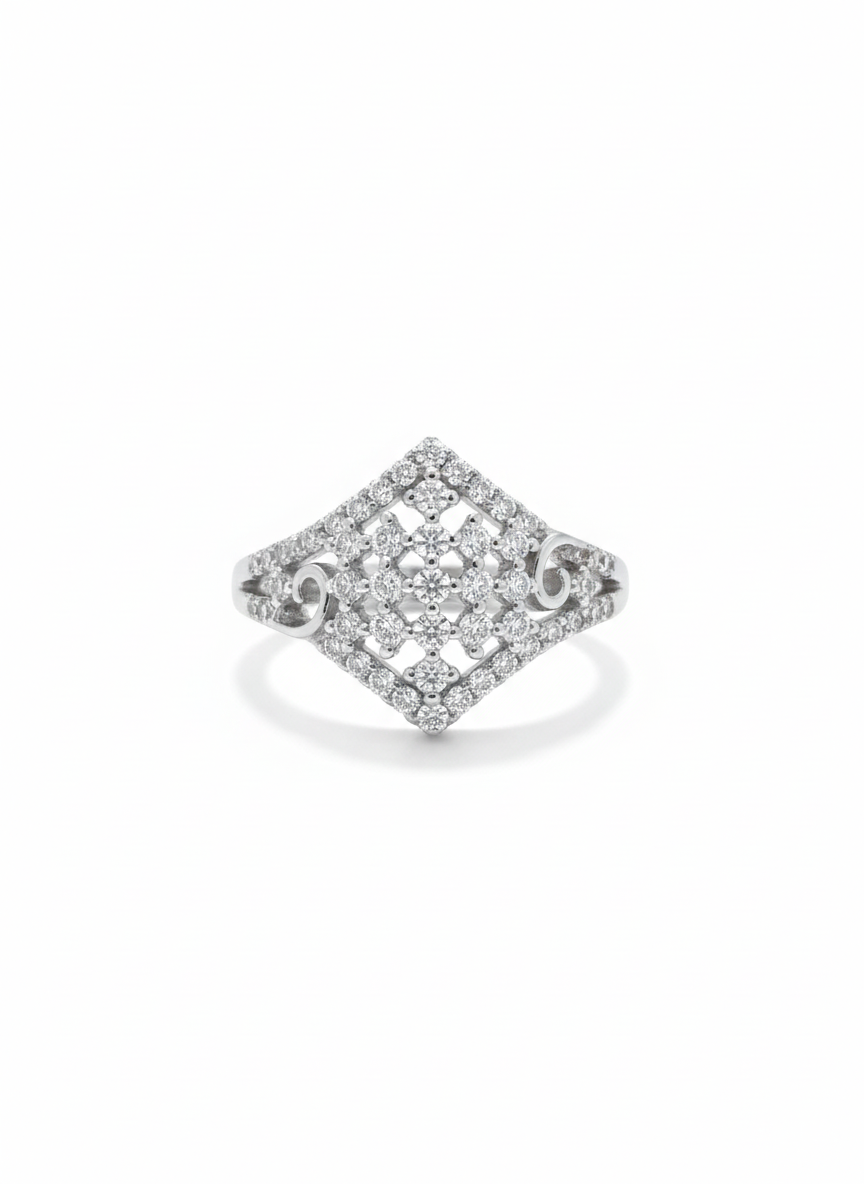 vintage style cluster ring, art deco jewelry women, filigree band diamond ring, antique look fashion ring, cocktail ring diamond shape, women's pavé statement ring, intricate silver ring, scrollwork ring design, unique rhombus ring, buy vintage inspired rings