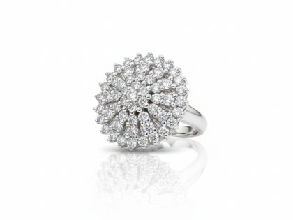 large diamond cluster ring, women's cocktail ring, silver dome ring, floral cluster statement ring, buy sunburst ring, round pavé cluster ring, big cubic zirconia ring, luxury fashion ring, dramatic statement jewelry, women's party ring