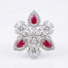 ruby and diamond cluster ring, red stone snowflake ring, large floral cocktail ring, pear cut ruby statement ring, unique starburst ring women, luxury red and white ring, statement pear shaped ring, buy dramatic cluster jewelry