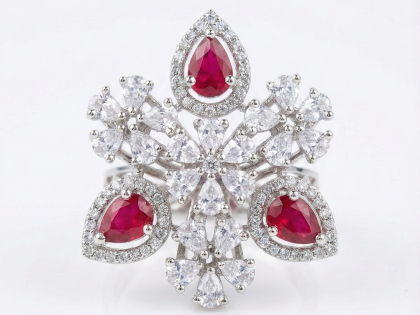 ruby and diamond cluster ring, red stone snowflake ring, large floral cocktail ring, pear cut ruby statement ring, unique starburst ring women, luxury red and white ring, statement pear shaped ring, buy dramatic cluster jewelry