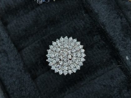 large diamond cluster ring, women's cocktail ring, silver dome ring, floral cluster statement ring, buy sunburst ring, round pavé cluster ring, big cubic zirconia ring, luxury fashion ring, dramatic statement jewelry, women's party ring