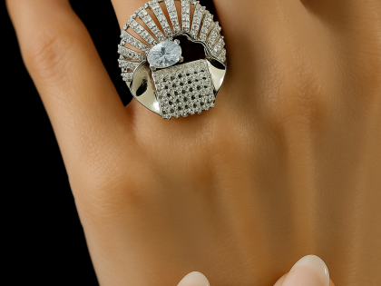 abstract circular ring, modernist dome ring, unique fashion statement jewelry, sculpted metal pavé ring, contemporary designer ring, large circular cocktail ring, geometric ridged ring, buy artistic statement rings, high-fashion jewelry women